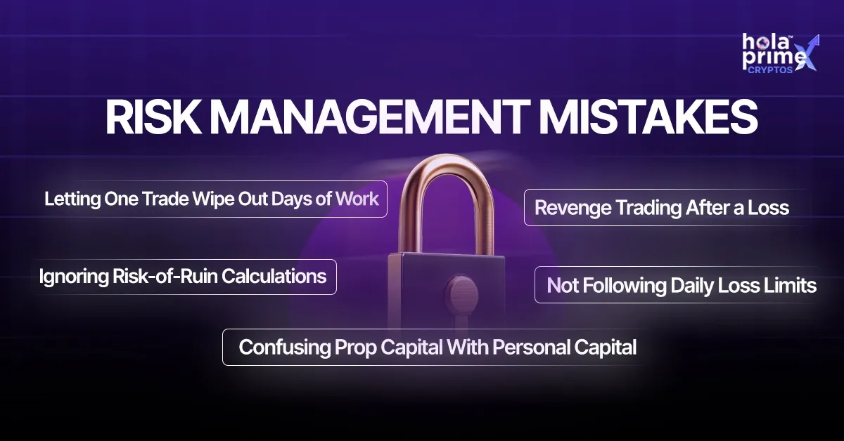Graphic titled Risk Management Mistakes with a central lock icon and a purple background. Lists common trading errors: Letting one trade wipe out days of work, revenge trading after a loss, ignoring risk-of-ruin calculations, not following daily loss limits, and confusing prop capital with personal capital. Hola Prime Cryptos logo in the top right corner