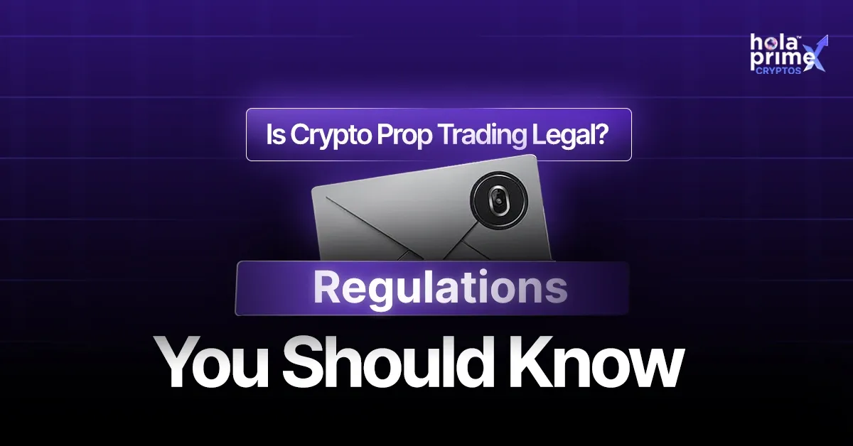 Graphic with a dark purple background featuring the question Is Crypto Prop Trading Legal? above an envelope with a camera lens, and the words Regulations You Should Know below. Includes Hola Prime Cryptos logo in the top right.